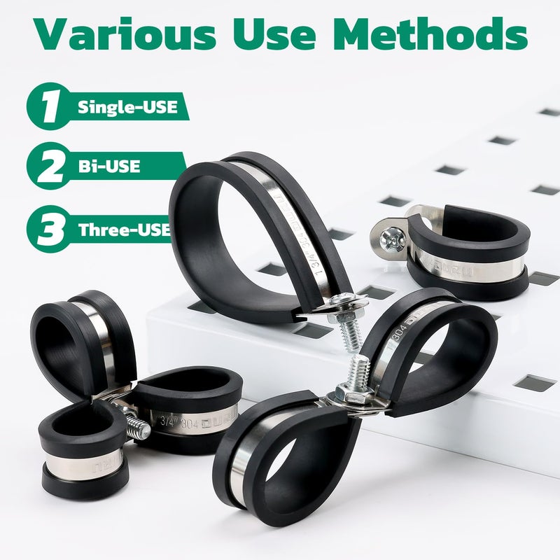 OURU 125PCS Cable Clamp 12 Sizes Stainless Steel Rubber Coated Cushioned Insulated Cable Clamps Assortment Kit-Metal Wire Clamps Cable Clips Pipe Clamps - Image 5